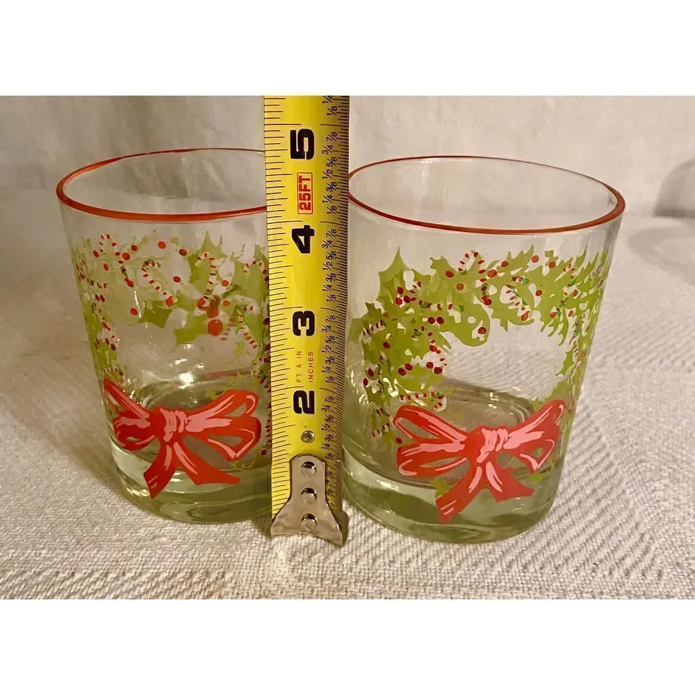 2 Vintage CHRISTMAS HOLLY Wreath Glasses - Cocktail Glassware~Used On TV Show